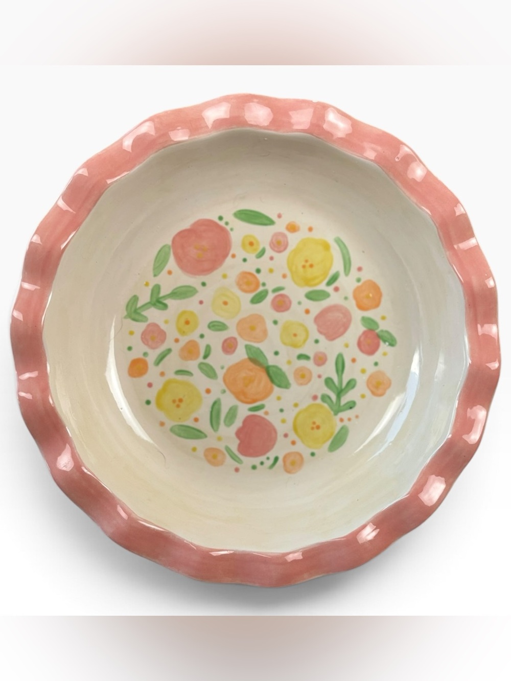 AMS Signed Studio Pottery 11” Deep Dish Pie Plate Hand Painted Floral Scalloped